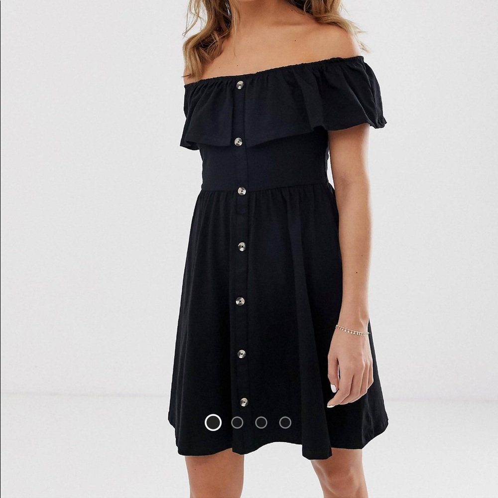 Off shoulder tortoise button through sundress in black